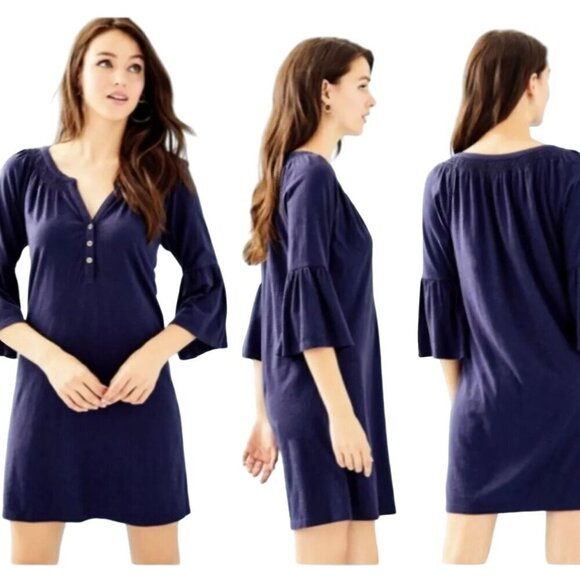 Lilly Pulitzer Navy Blue Teigen Dress 3/4 Bell Sleeve Henley Pima Cotton Size S - Picture 4 of 8